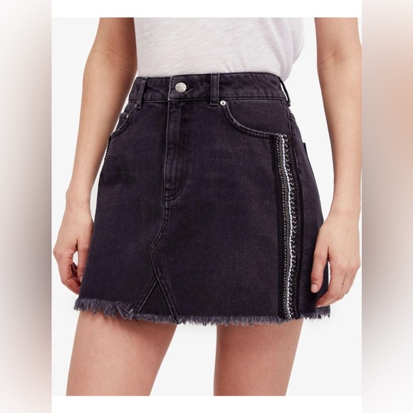 Free People Dresses & Skirts - NWT FREE PEOPLE Embellished Rhinestone Side Stripe Denim Mini Skirt Raw Hem Sz 6